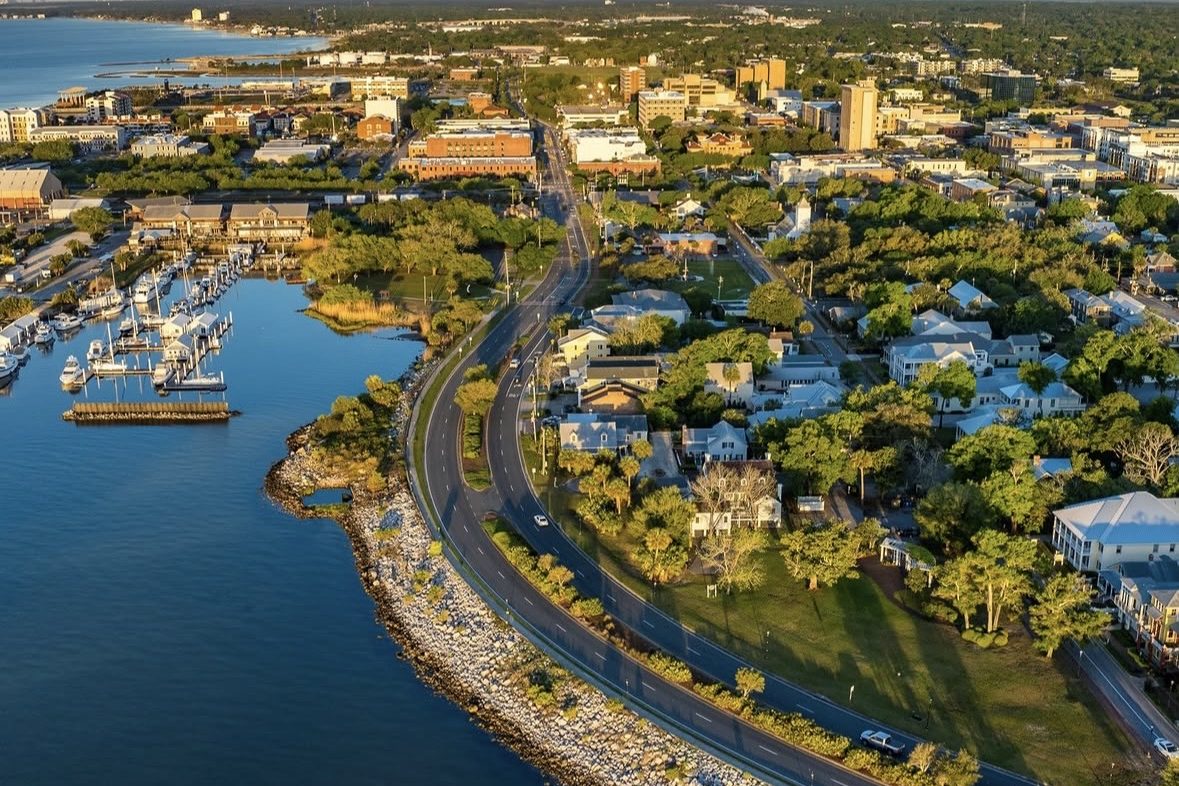 Downtown Pensacola and the bayfront in early evening light